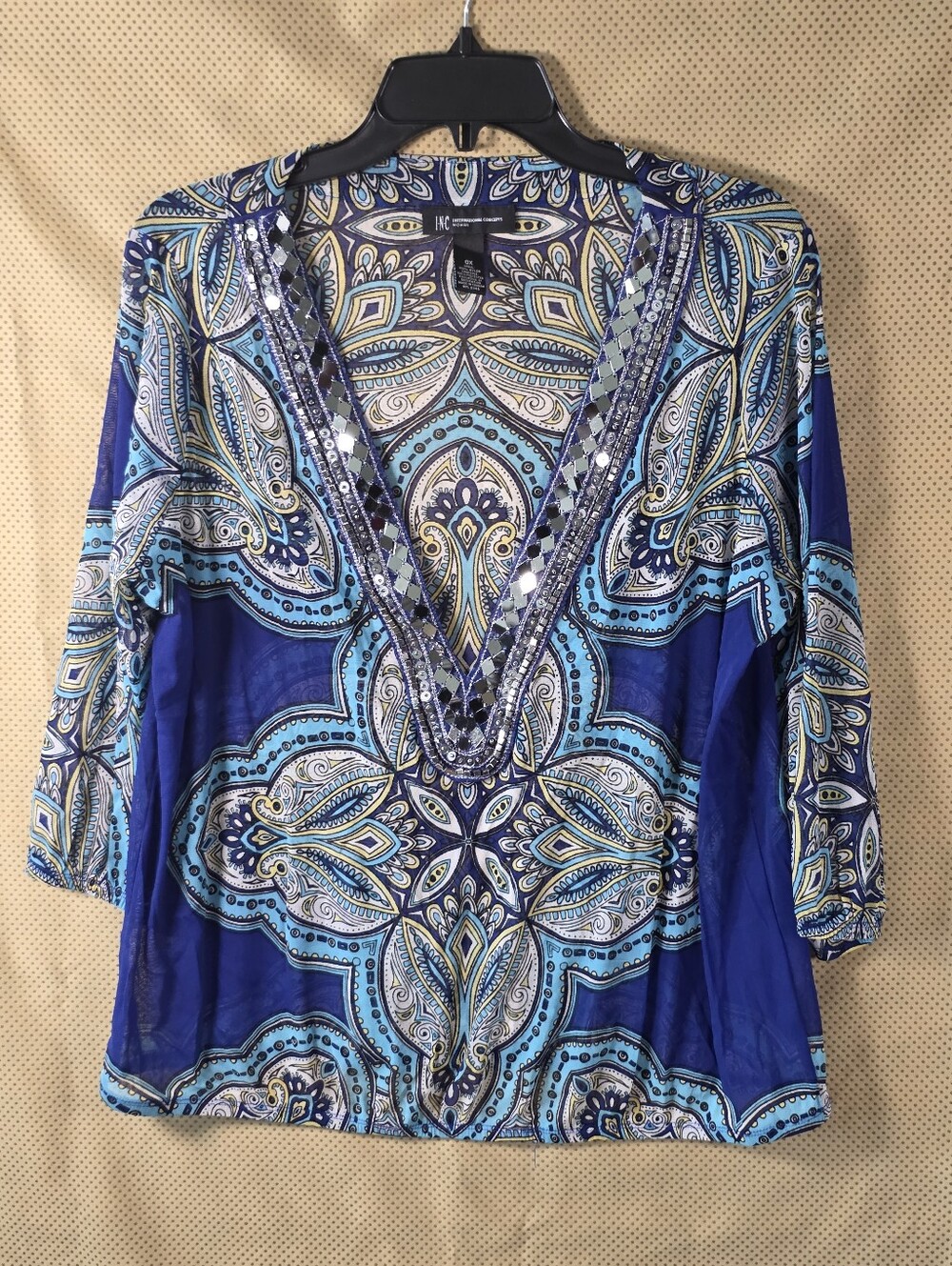 INC International Women 0X Blue Paisley Embellished V-Neck Mesh Tunic Y2k